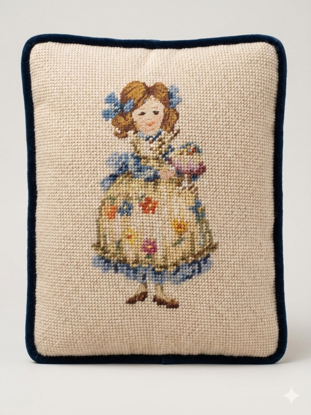 Source Unknown Cream Needlepoint Girl Accent Pillow with Navy Blue Trim